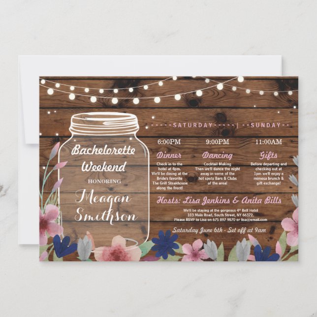 Bachelorette Bridal Shower Itinerary Jar Wood Invitation (Front)