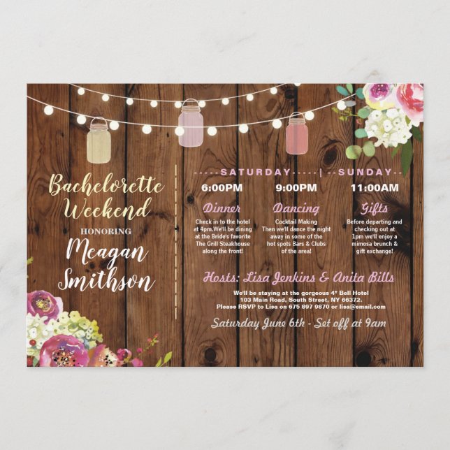 Bachelorette Bridal Shower Itinerary Jars Wood Programme (Front)
