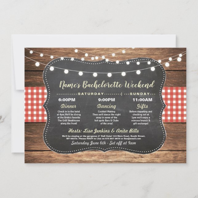 Bachelorette Bridal Shower Itinerary Red Chalk Invitation (Front)