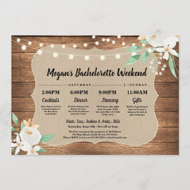 Bachelorette Bridal Shower Itinerary Wood White Programme (Front)