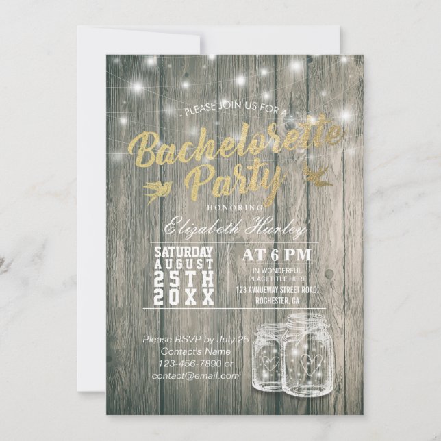 Bachelorette Bridal Shower Rustic Wood Mason Jars Invitation (Front)