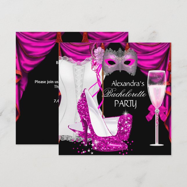 Bachelorette Corset Pink Masquerade Champagne 2 Invitation (Front/Back)