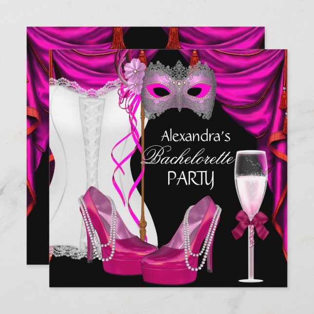 Bachelorette Corset Pink Masquerade Champagne Invitation (Front/Back)