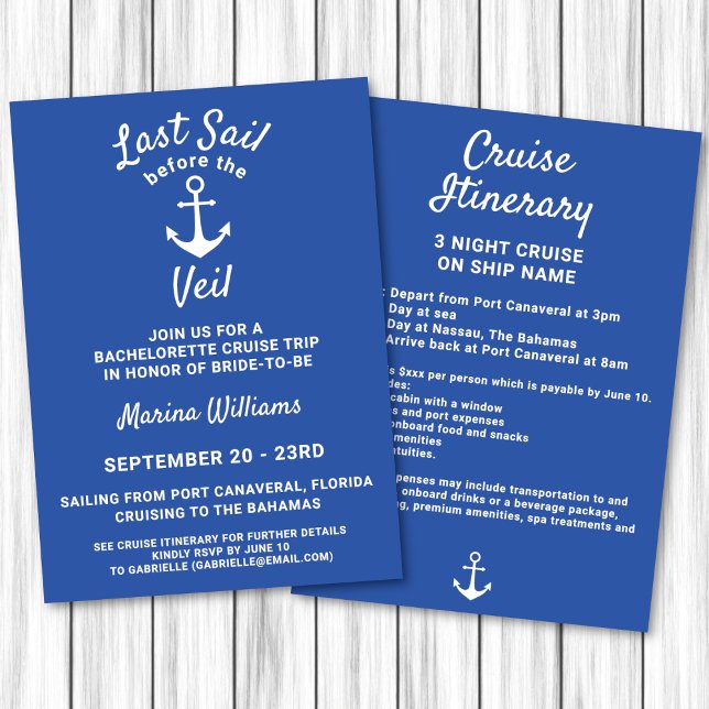 Bachelorette Cruise Last Sail Before Veil Anchor Invitation (Last sail before the veil anchor invitation for a bachelorette cruise. Front and back. )