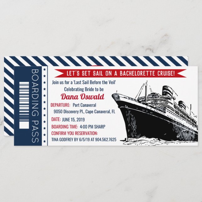 Bachelorette Cruise Ship Boarding Pass Invitation (Front/Back)