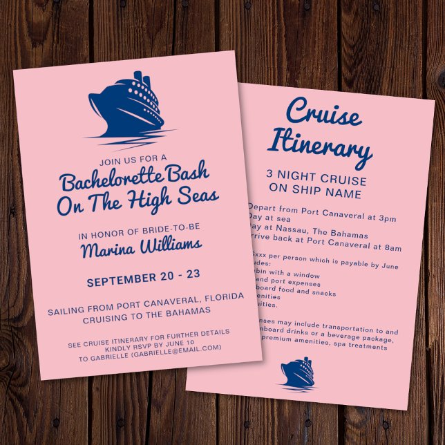 Bachelorette Cruise Ship Navy And Pink Itinerary Invitation (Bachelorette cruise invitation with itinerary. In a navy and pink color palette. )