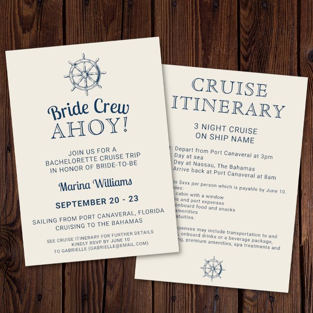 Bachelorette Cruise Trip Bride Crew Ahoy Itinerary Invitation (Bride crew ahoy! Bachelorette cruise trip invitation on a dark wooden background. )