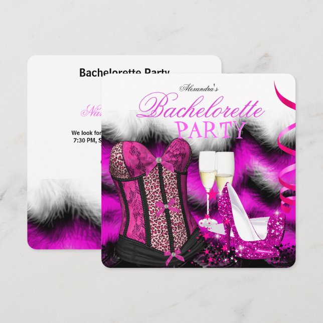 Bachelorette Feather Pink Corset Champagne Heels Invitation (Front/Back)