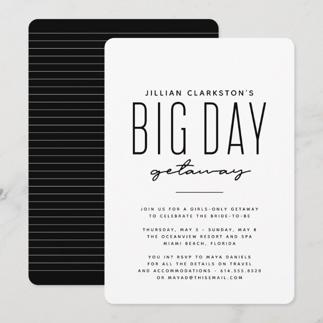 Bachelorette getaway trip black white invitation (Front/Back)