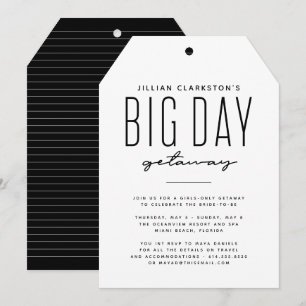Bachelorette getaway trip black white invitation