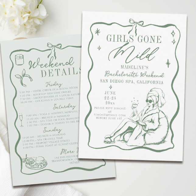 Bachelorette Girls Gone Mild Drawn Bow Itinerary Invitation (girls gone mild invitation bachelorette weekend itinerary sage green spa bow frame hand drawn)