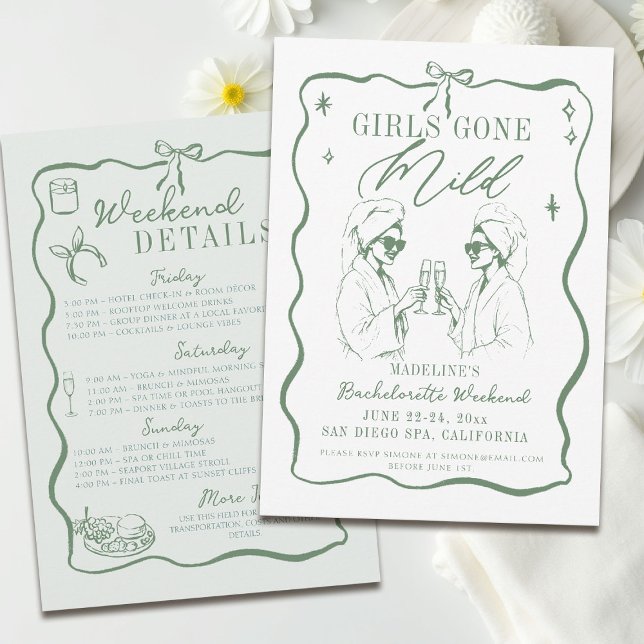 Bachelorette Girls Gone Mild Green Bow Itinerary Invitation (girls gone mild invitation bachelorette weekend itinerary sage green spa bow frame)