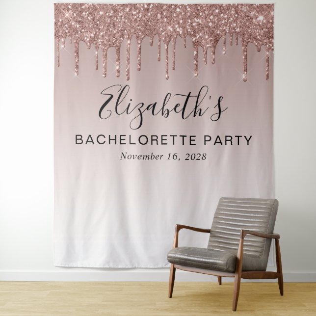 Bachelorette Glitter Rose Gold Photo Backdrop Tapestry (In Situ)
