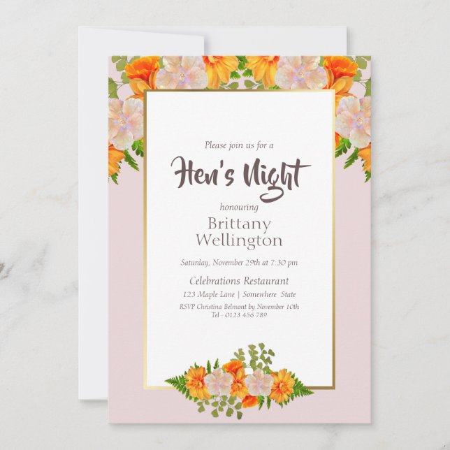 Bachelorette Hen’s Night Gold Blush Pink Floral Invitation (Front)
