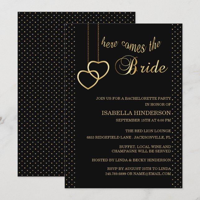 Bachelorette - Here Comes the Bride - Black & Gold Invitation (Front/Back)