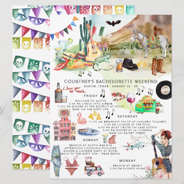 Bachelorette Itinerary | Austin, Texas Fiesta Invitation (Front/Back)