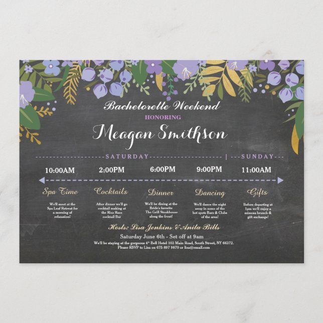 Bachelorette Itinerary Purple & Gold Chalk Invite (Front)