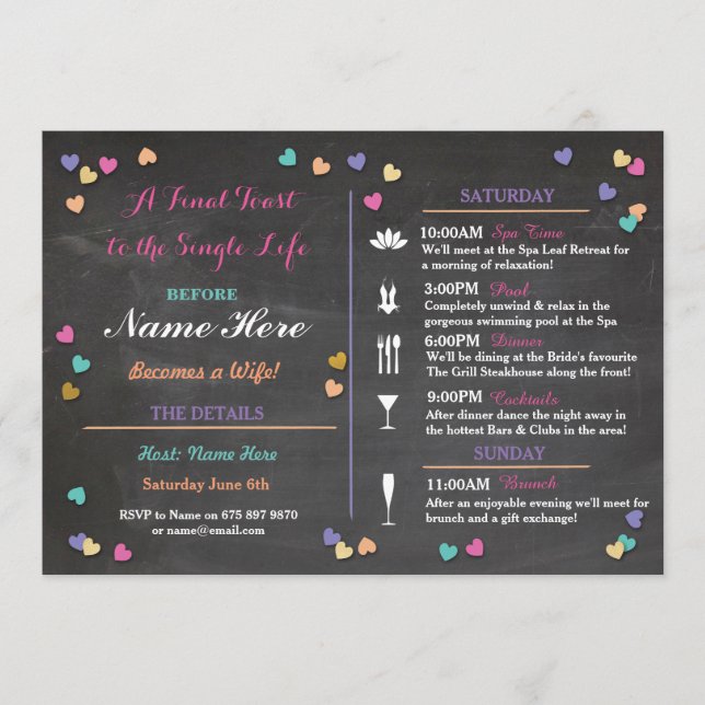 Bachelorette Itinerary Weekend Bridal Shower Spa Programme (Front)