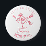 Bachelorette last rodeo scribble bridesmaid 7.5 cm round badge<br><div class="desc">Bachelorette weekend party favours,  personalised with your name,  featuring a woman in a cocktail glass. Easy to change for any party.</div>