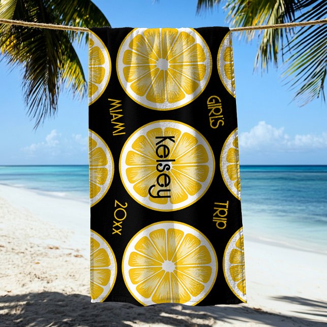 Bachelorette Lemon Slice Black Yellow Beach Towel (Creator Uploaded)