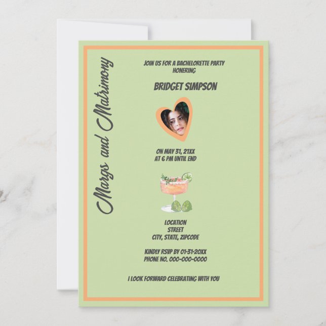 Bachelorette margs and matrimony party photo invitation (Front)