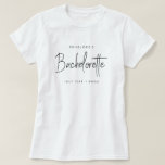 Bachelorette | Modern Minimalist Script Bridesmaid T-Shirt<br><div class="desc">This Bachelorette Party custom design features a handwritten script typography. You can easily personalise the bride-to-be's name,  date,  bridemaid's name or your custom message! The perfect elegant accessory for a bachelorette party or bachelorette weekend!</div>