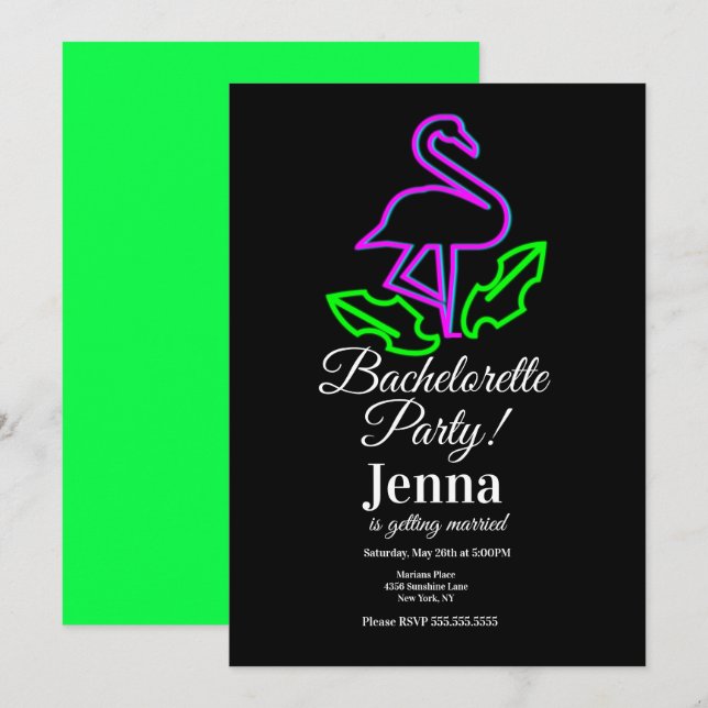 Bachelorette Neon Flamingo Tropical Bridal Shower Invitation (Front/Back)