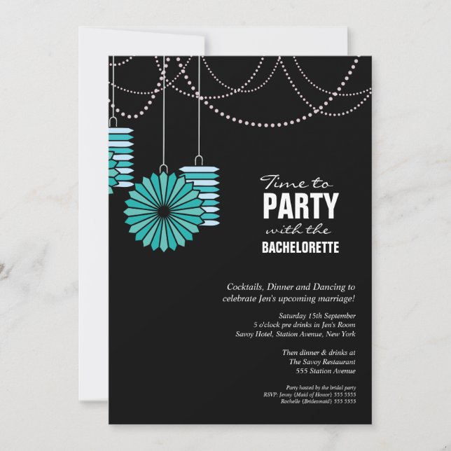 Bachelorette Party Aqua Blue Paper Lanterns Wheels Invitation (Front)