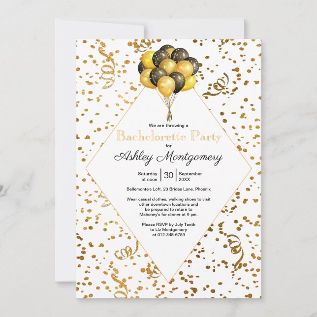 Bachelorette Party Balloon Gold Confetti Streamers Invitation (Front)