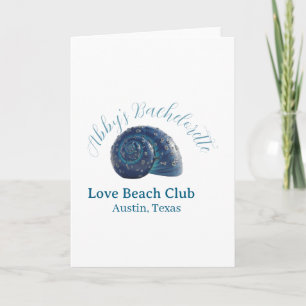 Bachelorette party beach club blue sea shell name card