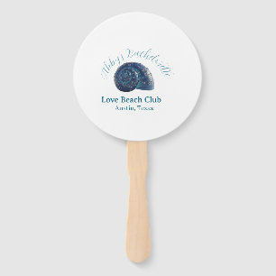 Bachelorette party beach club blue sea shell name hand fan