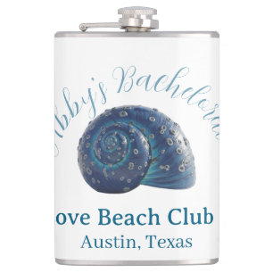 Bachelorette party beach club blue sea shell name hip flask
