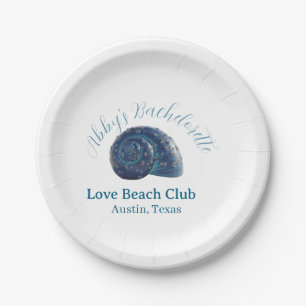 Bachelorette party beach club blue sea shell name paper plate