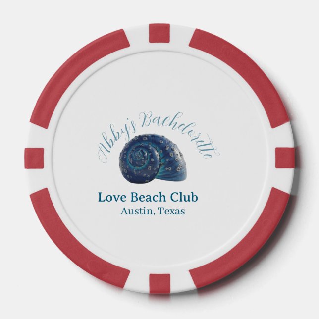 Bachelorette party beach club blue sea shell name  poker chips (Front)