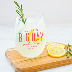 Bachelorette party big day getaway fun pink stemless wine glass