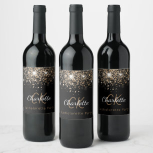 Bachelorette party black gold glitter monogram wine label