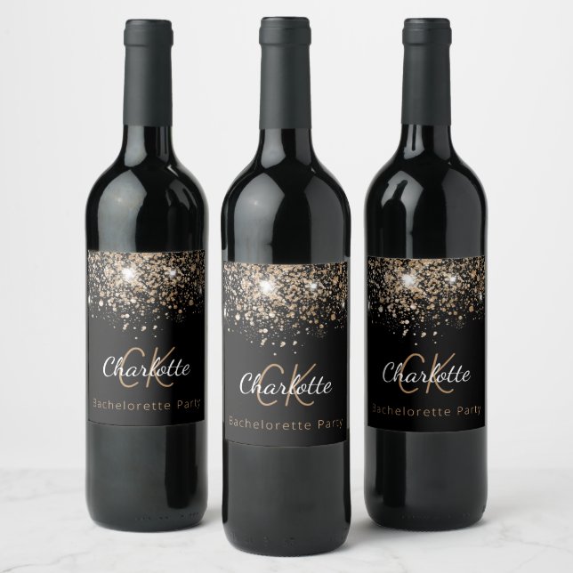 Bachelorette party black gold glitter monogram wine label (Bottles)
