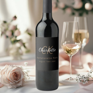 Bachelorette Party black gold monogram Wine Label