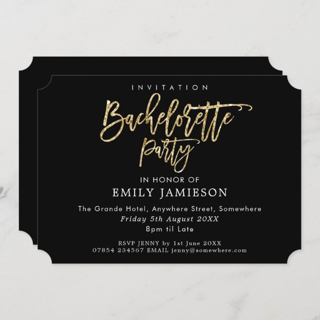 Bachelorette Party Black Gold Script Typography Invitation (Front/Back)