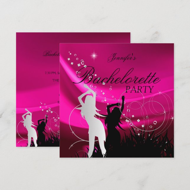 Bachelorette Party Black Pink White Silver Invitation (Front/Back)