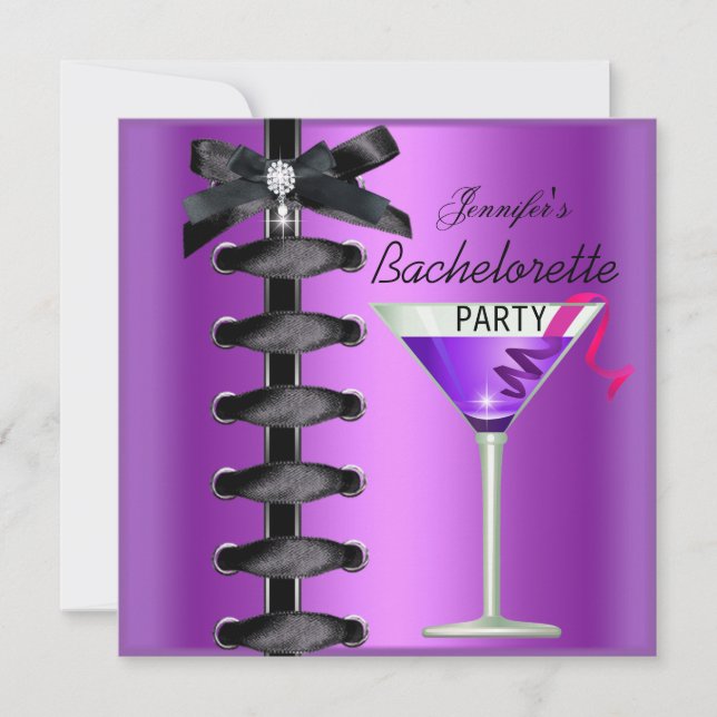 Bachelorette Party Black Purple Cocktail Tie Invitation (Front)
