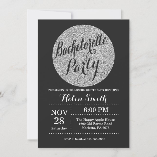 Bachelorette Party Black Silver Glitter Invitation (Front)