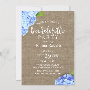 Bachelorette Party Blue Hydrangea Rustic Burlap Invitation