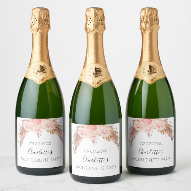 Bachelorette party blush rose pampas grass floral sparkling wine label (Bottles)