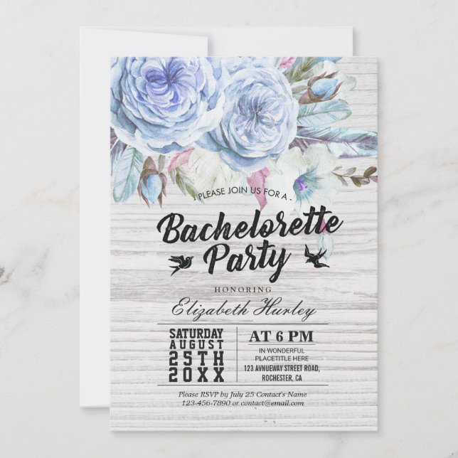Bachelorette Party Boho Floral Feather Rustic Wood Invitation (Front)