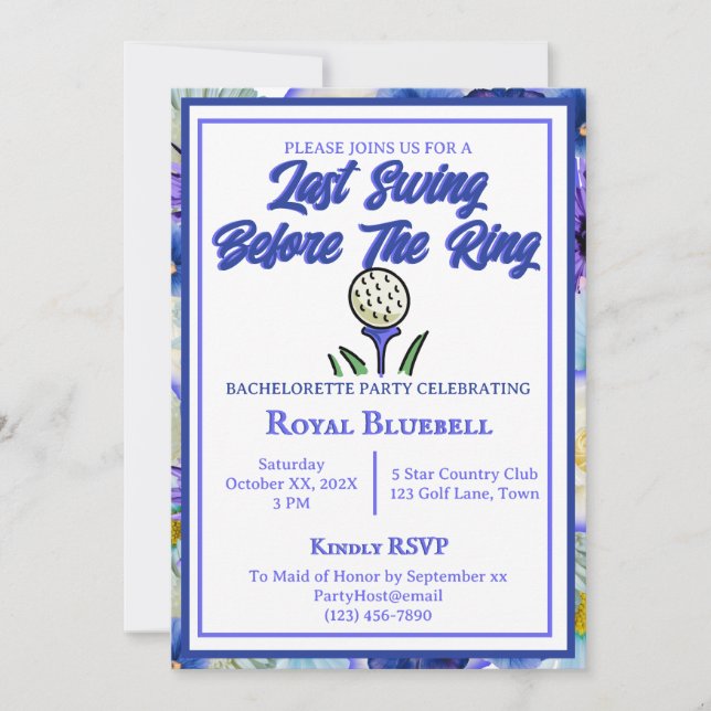 Bachelorette Party Bridal Shower Golf Blue Flowers Invitation (Front)