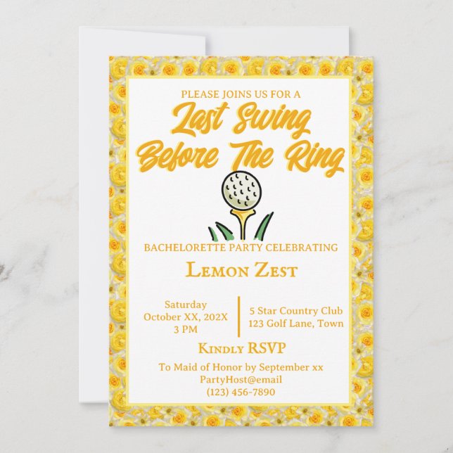 Bachelorette Party Bridal Shower Golf Yellow White Invitation (Front)