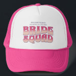 Bachelorette Party Bride Squad Bridesmaid Hot Pink Trucker Hat<br><div class="desc">Make a splash at your upcoming bachelorette party with this stunning retro bachelorette party personalised merchandise. Whether you're celebrating a bach trip, a girls' vacation, or a best friends' holiday, this custom groovy bachelorette party merchandise is the perfect addition to your unforgettable getaway. Add a personal touch to your bachelorette...</div>