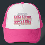 Bachelorette Party Bride Squad Bridesmaid Hot Pink Trucker Hat<br><div class="desc">Make a splash at your upcoming bachelorette party with this stunning retro bachelorette party personalised merchandise. Whether you're celebrating a bach trip, a girls' vacation, or a best friends' holiday, this custom groovy bachelorette party merchandise is the perfect addition to your unforgettable getaway. Add a personal touch to your bachelorette...</div>