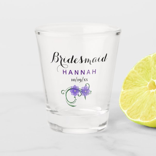 Bachelorette Party Bridesmaid Purple Flowers Shot Glass (Front)